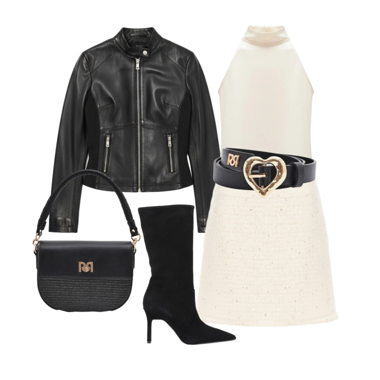 Outfit donna - Marzo. Stile Glamour per Serata fuori. Abbinamento con stivali, top, giacche, borse a spalla, cinture, minigonne.