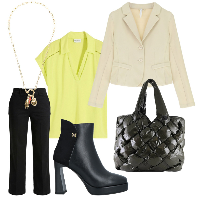 Outfit donna - Total look #2356171. Stile Casual chic per Tutti i giorni. Abbinamento con stivaletti, polo, pantaloni, blazer, ciondoli, borse tote.