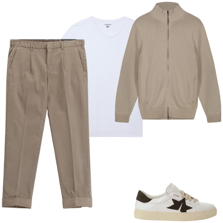 Outfit uomo - Total look #2356175. Stile Trendy per Tutti i giorni. Abbinamento con t-shirt, pantaloni chino, sneakers, cardigans.