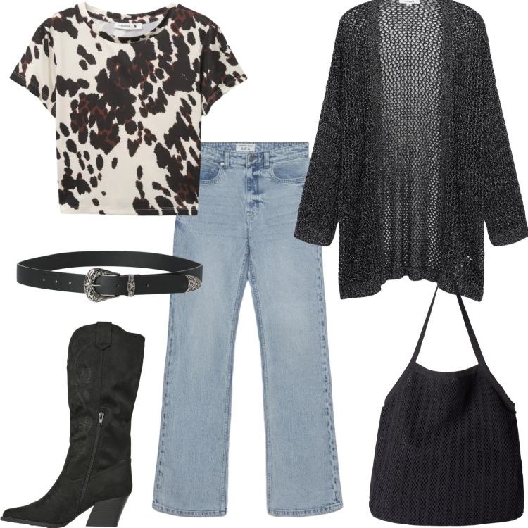 Outfit donna - Far West in città. Stile Trendy per Tutti i giorni. Abbinamento con shopping bag, kimono, cinture, stivali, jeans bootcut, t-shirt.