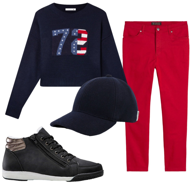 Outfit donna - Total look #2356180. Stile Casual per Tutti i giorni. Abbinamento con pantaloni, sneakers alte, t-shirt, cappelli con visiera.