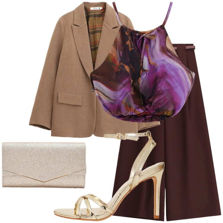 Outfit donna - Top e giacca, a cena da lui. Stile Sexy per Serata fuori. Abbinamento con sandali col tacco, pantaloni a palazzo, top, blazer, clutch.