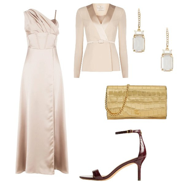 Outfit donna - Total look #2356183. per Cerimonia. Abbinamento con vestiti lunghi, blazer, sandali in pelle, borse a tracolla, orecchini.