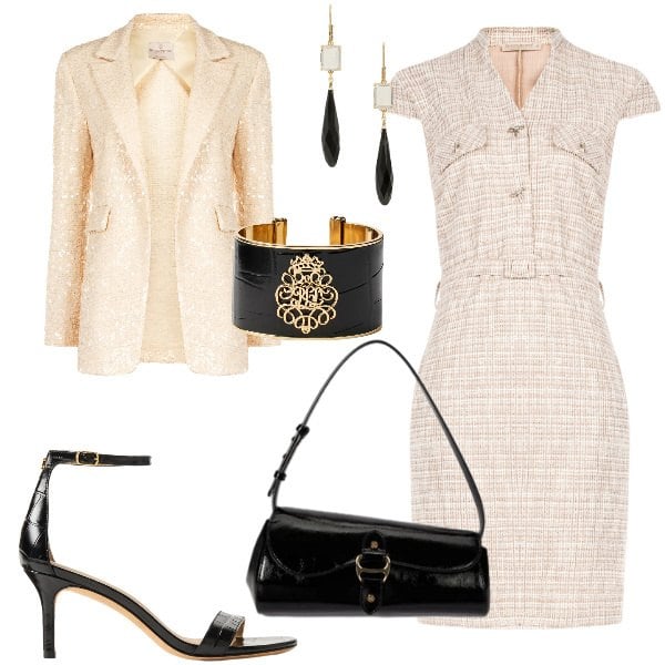 Outfit donna - Total look #2356186. per Cerimonia. Abbinamento con vestiti midi/longuette, blazer, borse a spalla, sandali in pelle, orecchini, braccialetti.