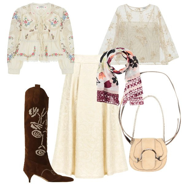 Outfit donna - Total look #2356191. Stile Boho per Tutti i giorni. Abbinamento con marsupi, sciarpe, top, stivali, cappotti, gonne longuette.