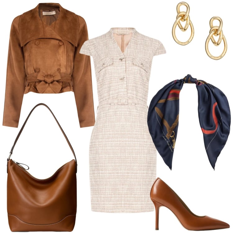 Outfit donna - Rinascimento: new style. Stile Chic per Ufficio. Abbinamento con giacche, vestiti midi/longuette, décolleté, borse a secchiello, orecchini, foulard.