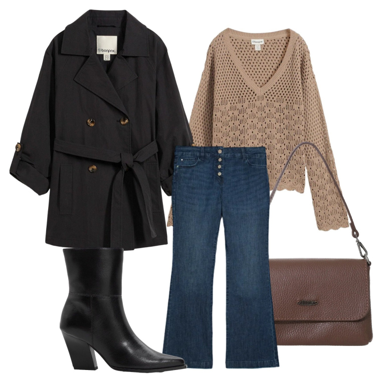 Outfit donna - Comoda col trench. Stile Casual per Tutti i giorni. Abbinamento con maglieria, trench, stivaletti, jeans, borse a tracolla.