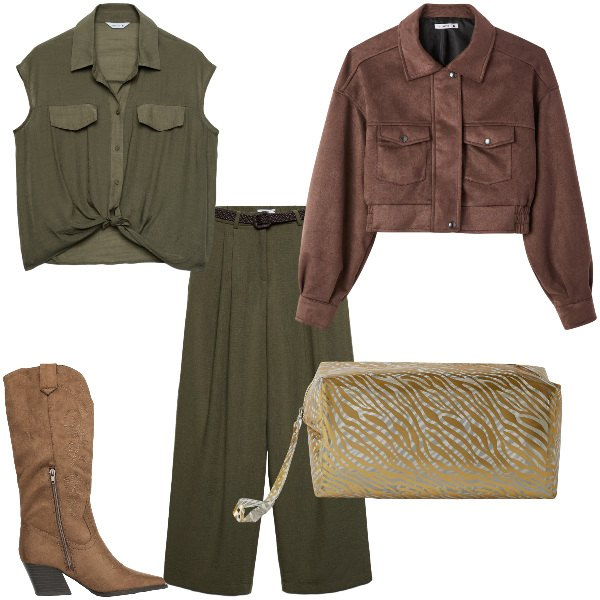 Outfit donna - Total look #2356199. Abbinamento con pochette, stivali, bomber, pantaloni, camicie a manica corta.