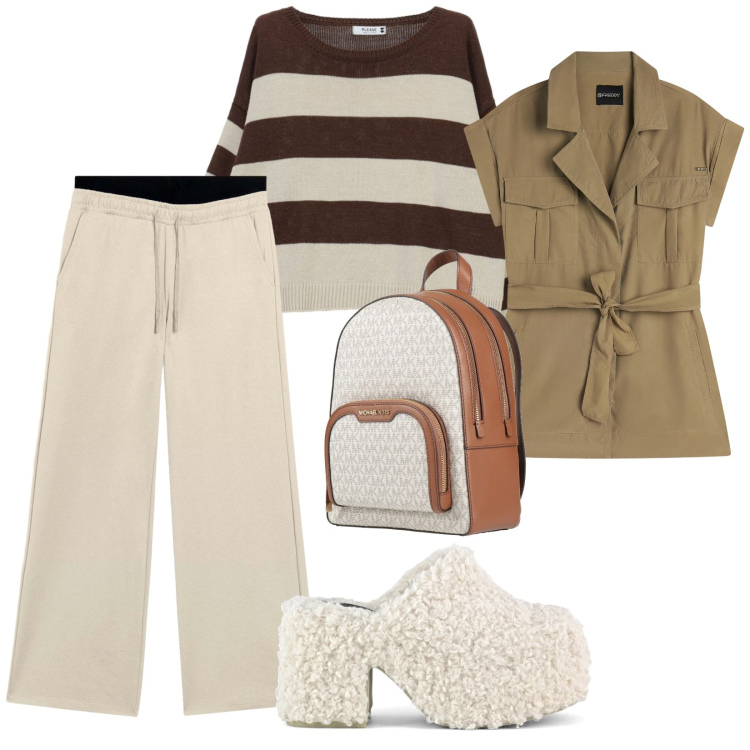 Outfit donna - Comoda. per Tutti i giorni. Abbinamento con zaini, trench, pantaloni, maglieria, sabot.
