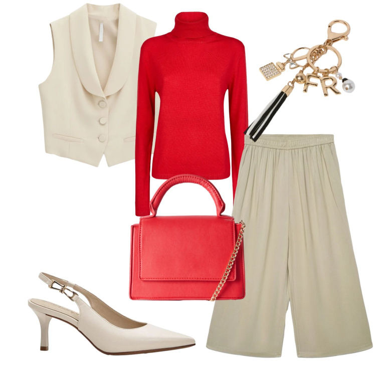 Outfit donna - Total look #2356204. Stile Chic per Serata fuori. Abbinamento con décolleté, gilet, pantaloni a palazzo, borse a tracolla, portachiavi, maglieria.