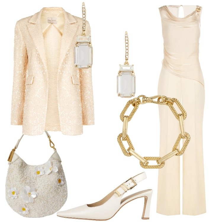 Outfit donna - Rinascimento - cerimonia glamour. Stile Glamour per Cerimonia. Abbinamento con décolleté, tute, blazer, orecchini, braccialetti, pochette.