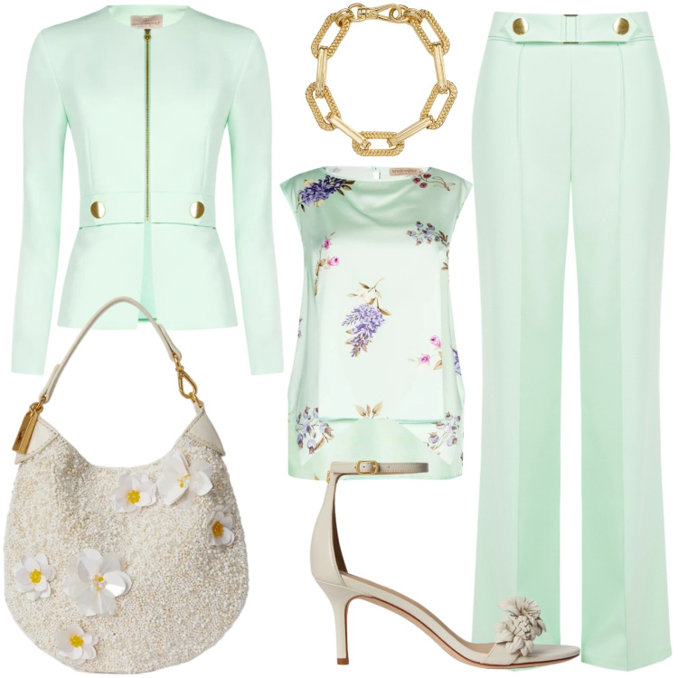 Outfit donna - Rinascimento: new style. Stile Chic per Cerimonia. Abbinamento con top, blazer, pantaloni, braccialetti, sandali in pelle, pochette.