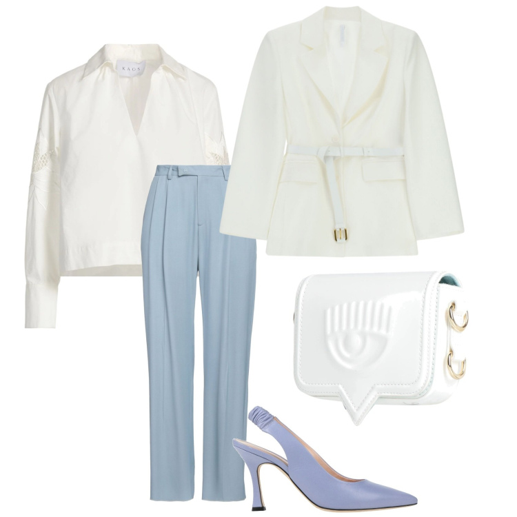 Outfit donna - Curvy- tonalità pastello. Stile Bon Ton per Cerimonia. Abbinamento con pantaloni, top, décolleté, marsupi, blazer.