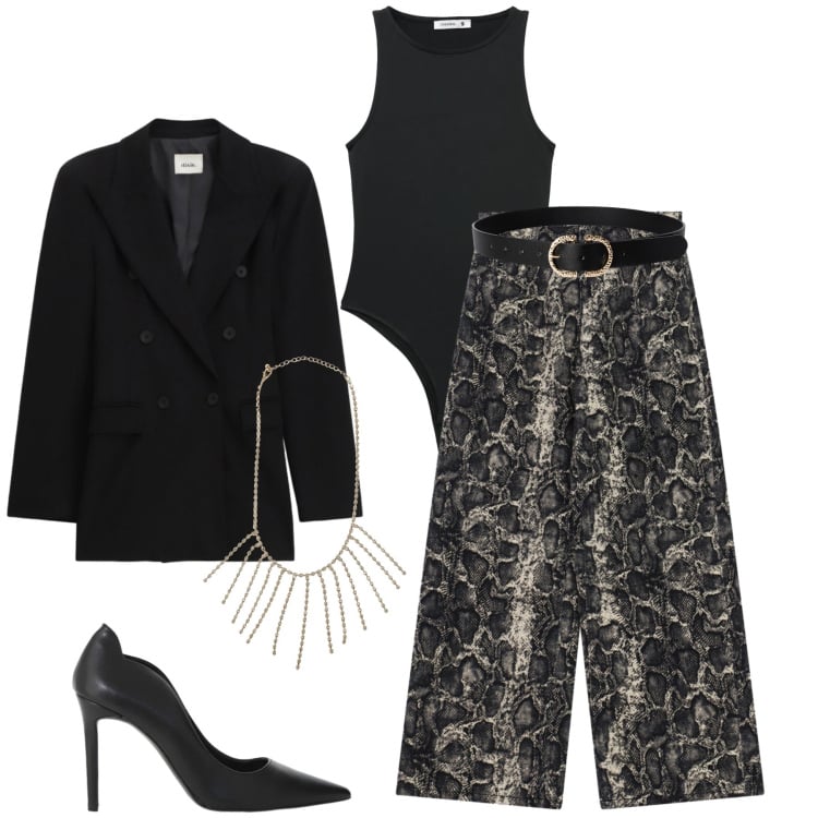 Outfit donna - Urban Jungle Chic. Stile Glamour per Serata fuori. Abbinamento con collane, cinture, top, décolleté, blazer, pantaloni a palazzo.