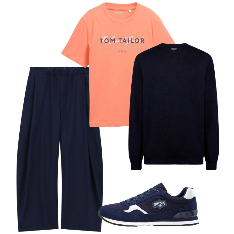 Outfit uomo - Primavera. Stile Casual per Tutti i giorni. Abbinamento con sneakers, t-shirt, pantaloni, maglieria.