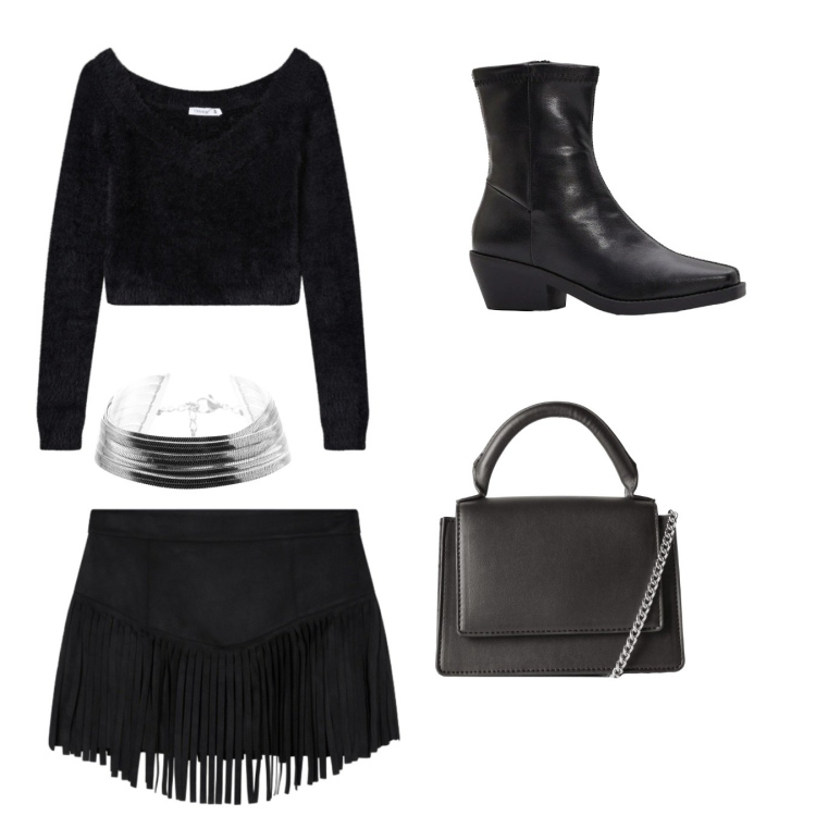 Outfit donna - Serata black. Stile Chic per Serata fuori. Abbinamento con stivaletti, borse a tracolla, maglieria, minigonne, braccialetti.