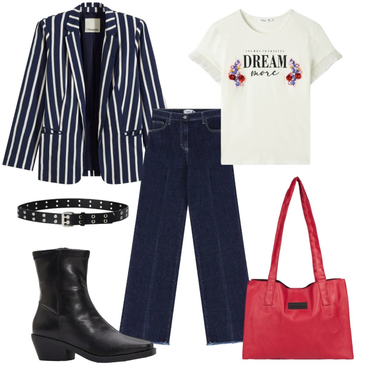 Outfit donna - Comfort e decisione in ufficio. Stile Casual chic per Ufficio. Abbinamento con stivaletti, blazer, t-shirt, cinture, shopping bag, jeans.