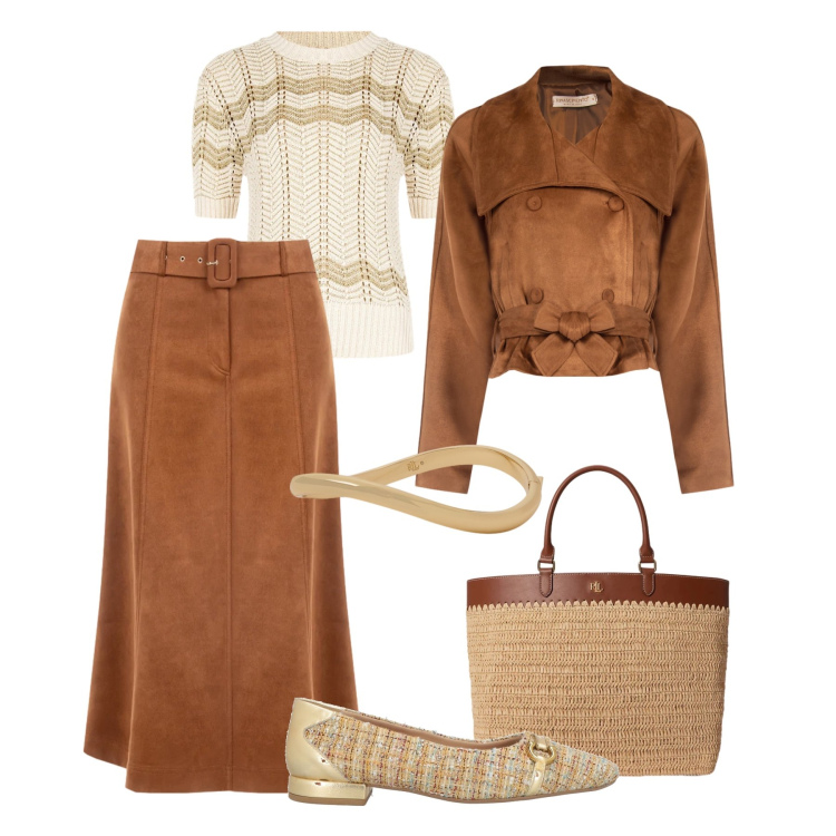 Outfit donna - Ufficio Rinascimento. Stile Glamour per Ufficio. Abbinamento con ballerine, giacche, gonne longuette, t-shirt, braccialetti, borse tote.