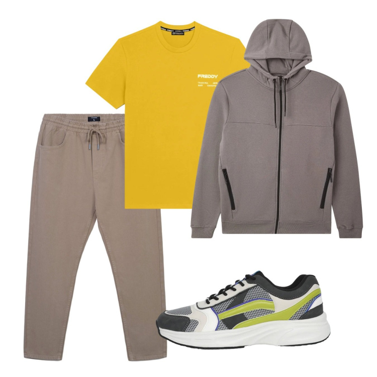 Outfit uomo - Marzo. Stile Casual per Tutti i giorni. Abbinamento con pantaloni, felpe con cappuccio, sneakers, t-shirt.