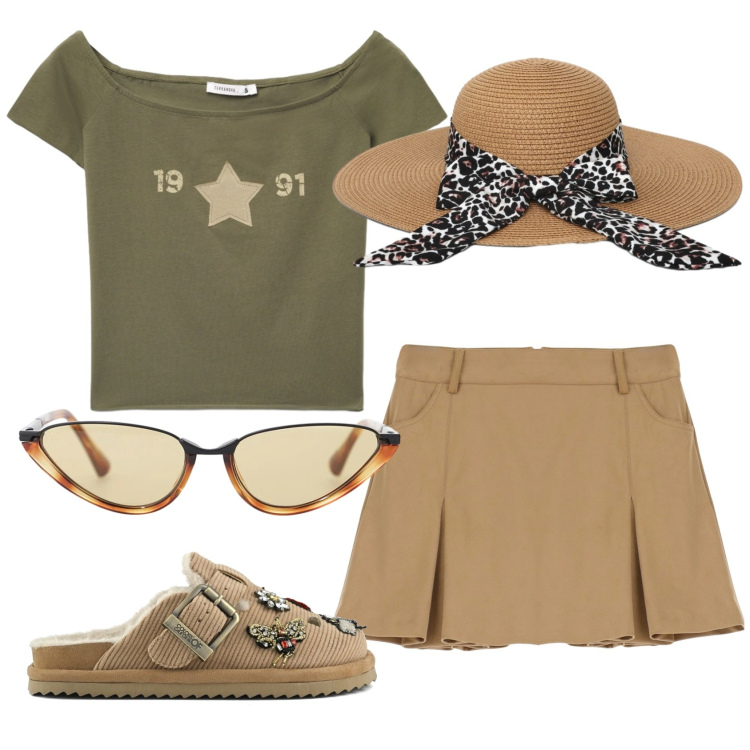 Outfit donna - Total look #2356233. Stile Casual per Tutti i giorni. Abbinamento con cappelli, t-shirt, minigonne, occhiali da sole, sabot.