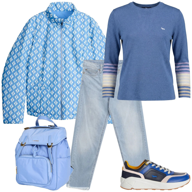 Outfit donna - Gita di marzo. Stile Sporty chic per Mare. Abbinamento con zaini, giacche, pullovers, sneakers, jeans.
