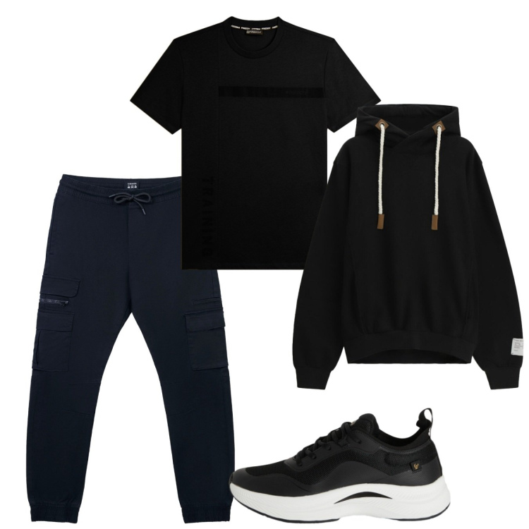 Outfit uomo - Black spring. Stile Urban per Tutti i giorni. Abbinamento con felpe con cappuccio, pantaloni cargo, sneakers, t-shirt.