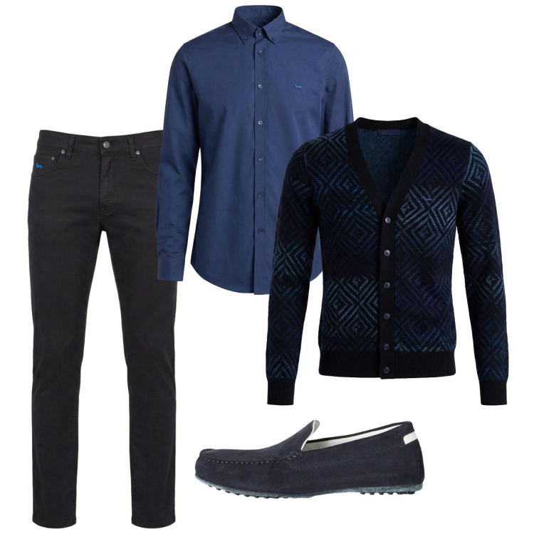 Outfit uomo - Primavera blu. Stile Casual per Tutti i giorni. Abbinamento con scarpe stringate, cardigans, camicie, pantaloni.