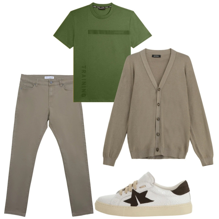 Outfit uomo - Casual day. Stile Casual per Tutti i giorni. Abbinamento con cardigans, sneakers, pantaloni skinny, t-shirt.