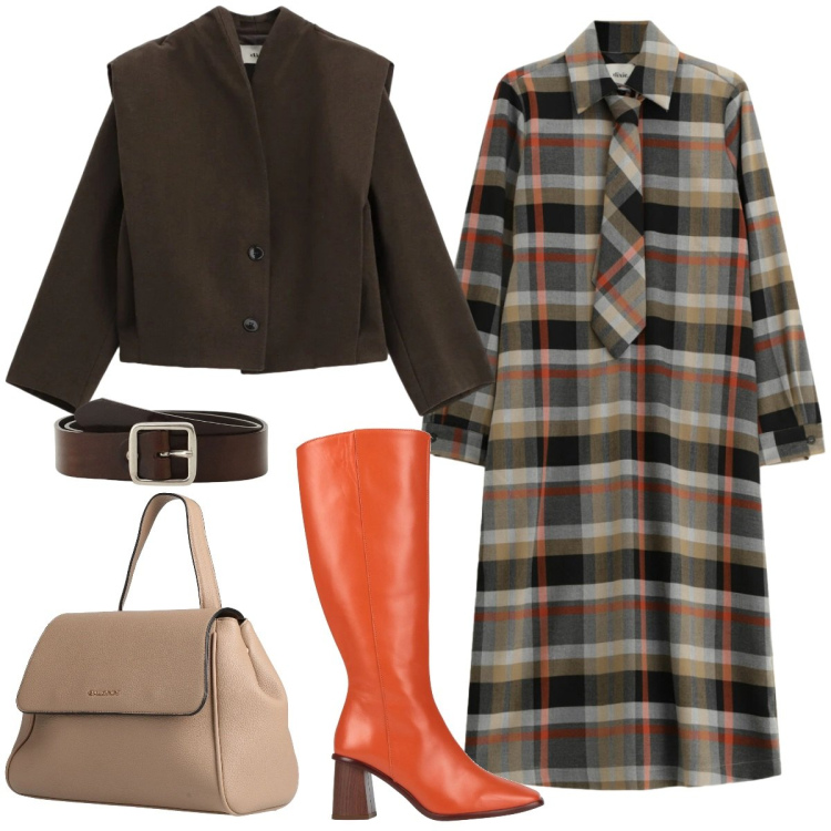 Outfit donna - Self-confidence aziendale. Stile Chic per Ufficio. Abbinamento con zaini, stivali, blazer, vestiti midi/longuette, cinture.