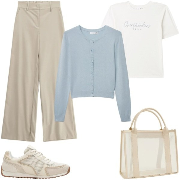 Outfit donna - Leggerezza Primaverile. Stile Basic per Tutti i giorni. Abbinamento con sneakers alte, cardigans, borse tote, t-shirt, pantaloni a palazzo.
