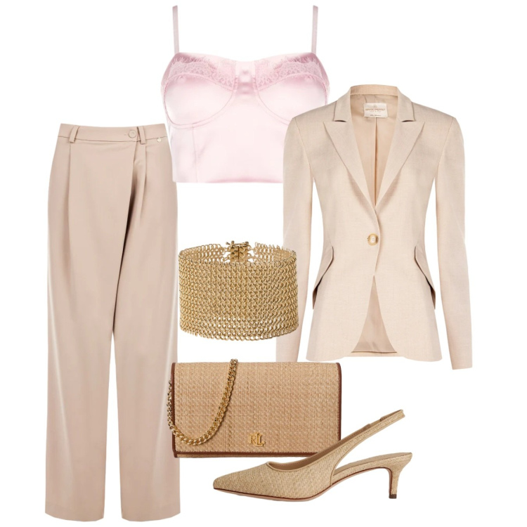 Outfit donna - Rinascimento - Un nuovo capitolo di stil. Stile Chic per Cerimonia. Abbinamento con pantaloni a palazzo, top, blazer, borse a tracolla, décolleté, braccialetti.