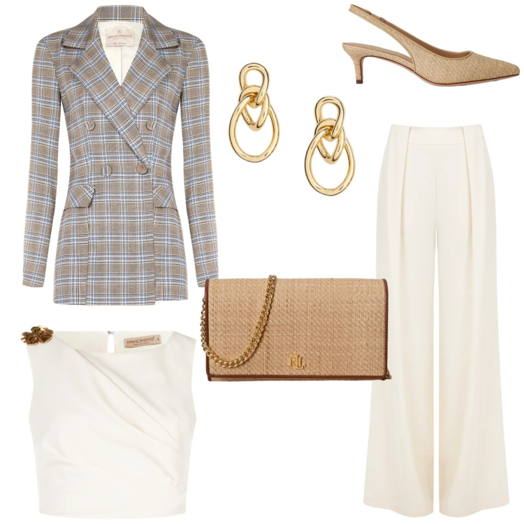 Outfit donna - Riunione aziendale. Stile Chic per Ufficio. Abbinamento con top, pantaloni a palazzo, blazer, orecchini, borse a tracolla, décolleté.