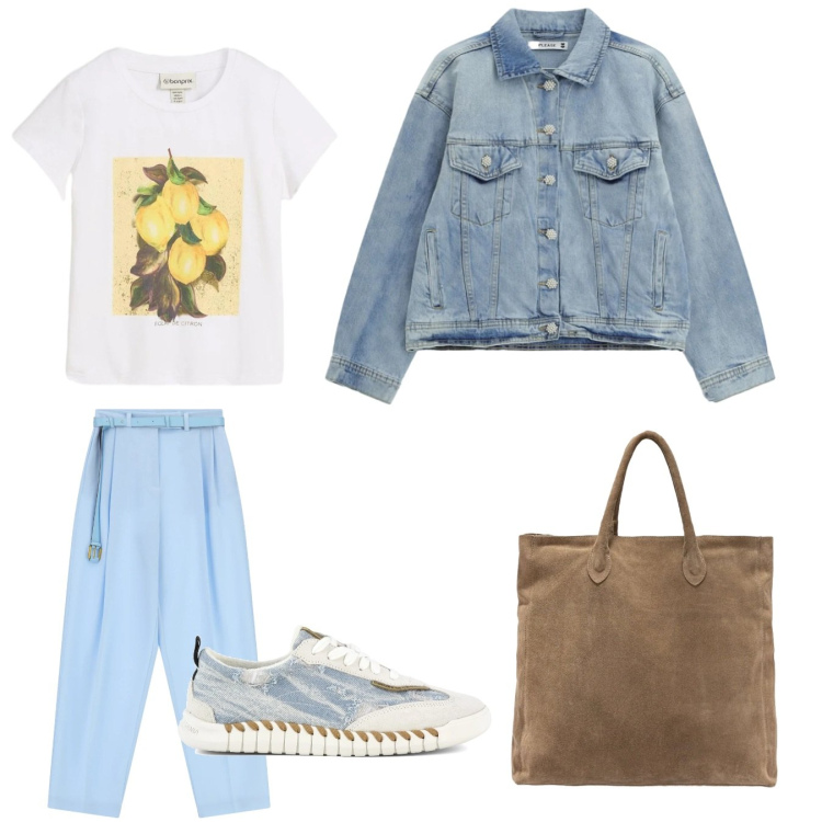 Outfit donna - Limoni nel cielo. Stile Sporty chic per Tutti i giorni. Abbinamento con t-shirt, pantaloni a palazzo, blazer, borse a mano, sneakers.
