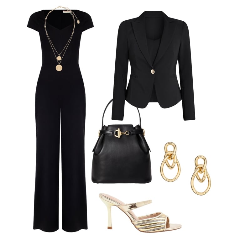 Outfit donna - Serata nero/oro Rinascimento. Stile Chic per Serata fuori. Abbinamento con tute, blazer, sabot, ciondoli, orecchini, borse a secchiello.