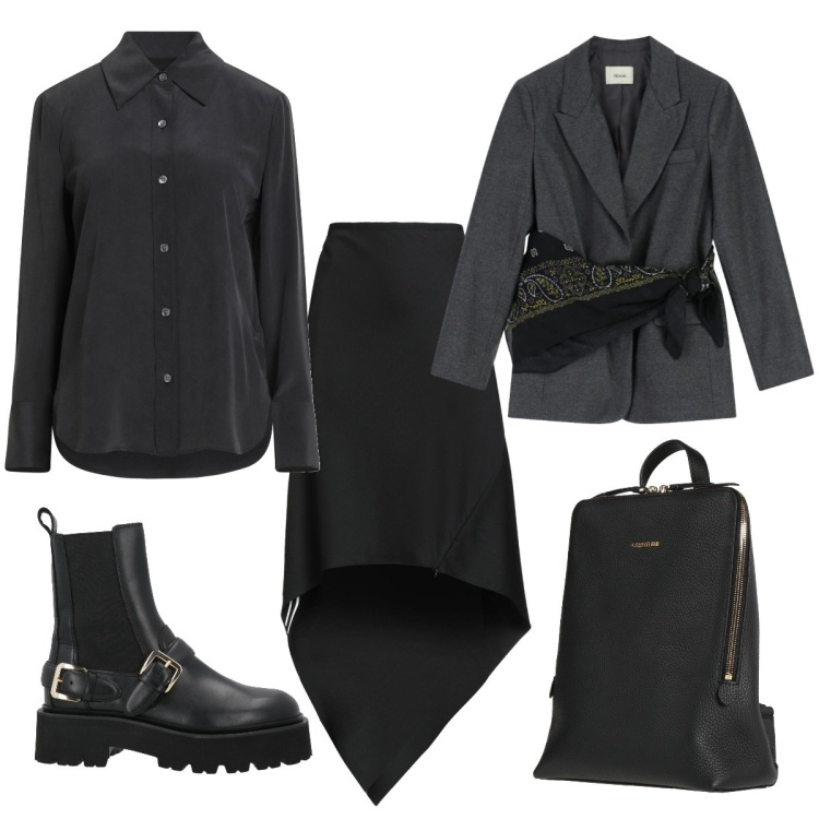 Outfit donna - Black Office. Stile Rock per Ufficio. Abbinamento con minigonne, stivaletti, zaini, camicie, blazer.