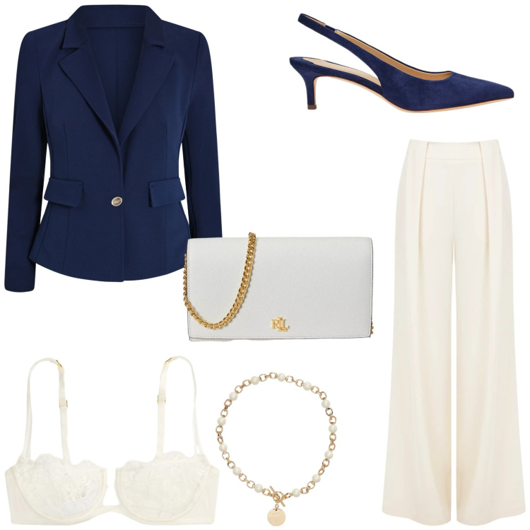 Outfit donna - Cerimonia elegante. Stile Chic per Cerimonia. Abbinamento con pantaloni a palazzo, blazer, collane, décolleté, borse a tracolla, reggiseni a balconcino.