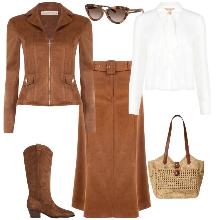 Outfit donna - Trendy ufficio tempo libero. Stile Trendy per Tutti i giorni. Abbinamento con stivali, gonne longuette, camicie, giacche, occhiali da sole, borse tote.