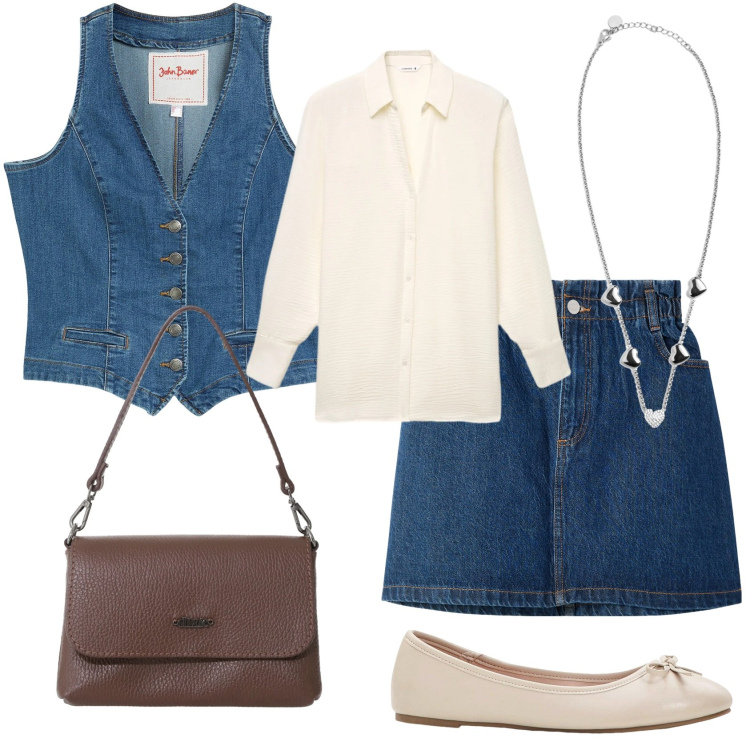 Outfit donna - Stile collegiale in jeans. Stile Preppy per Tutti i giorni. Abbinamento con gilet, ballerine, minigonne, camicie, borse a tracolla, collane.