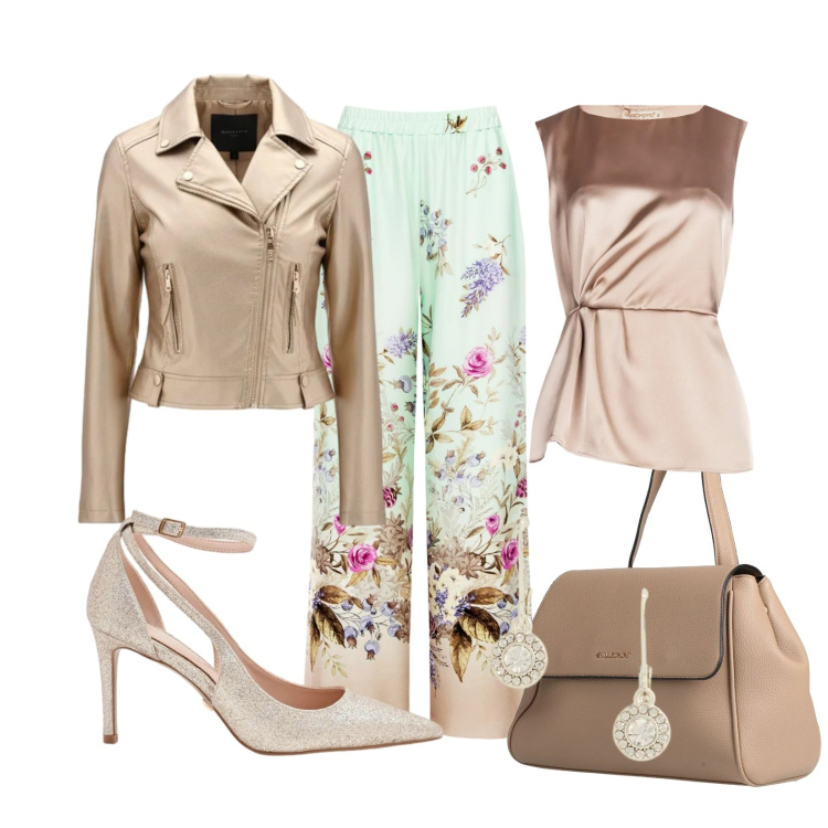 Outfit donna - Raso e pelle. Stile Chic per Ufficio. Abbinamento con zaini, giacche, bluse, décolleté, pantaloni a palazzo, orecchini.