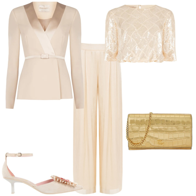 Outfit donna - Cerimonia evento serata speciale. Stile Romantica per Cerimonia. Abbinamento con décolleté, pantaloni a palazzo, top, blazer, borse a tracolla.