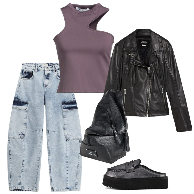 Outfit donna - Urban spring. Stile Urban per Tutti i giorni. Abbinamento con top, zaini, blazer, jeans, mocassini.