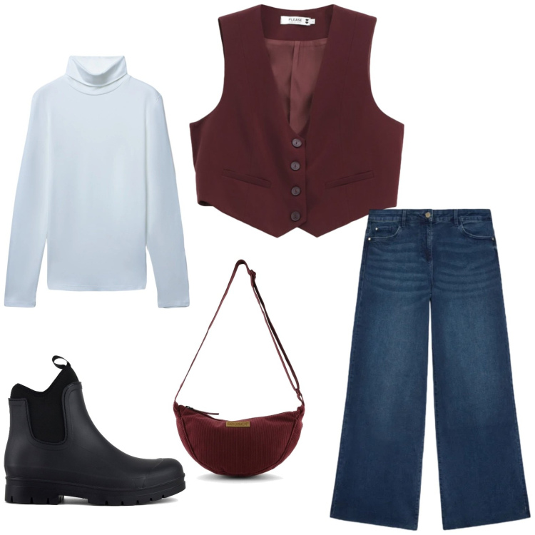 Outfit donna - Comoda e felice. Stile Casual per Tutti i giorni. Abbinamento con jeans, t-shirt, gilet, stivali, borse a tracolla.