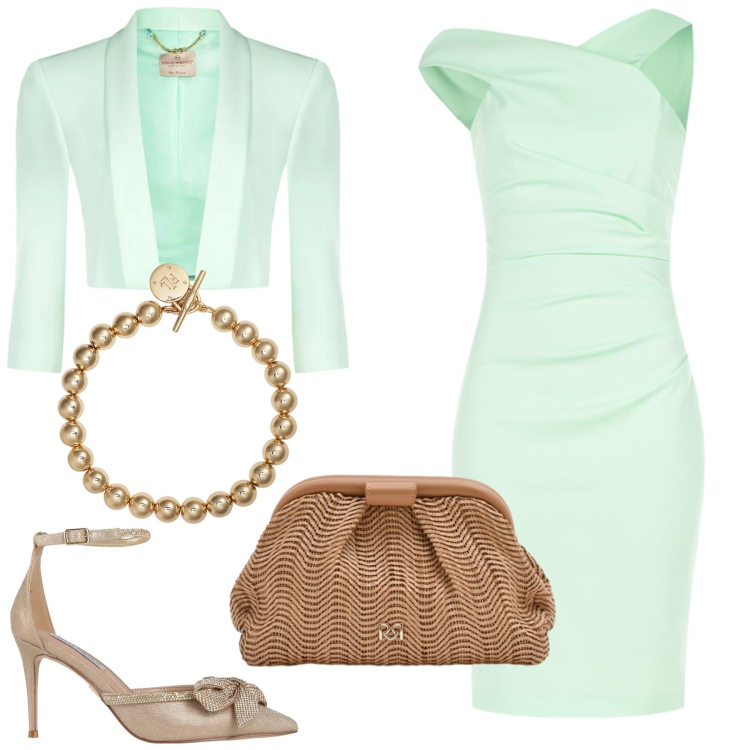 Outfit donna - Primavera verde menta. Stile Bon Ton per Cerimonia. Abbinamento con décolleté, pochette, vestiti asimmetrici, bolero, braccialetti.