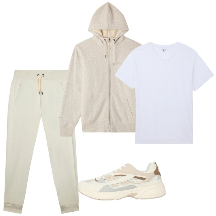 Outfit uomo - Al parco. Stile Urban per Sport. Abbinamento con t-shirt, felpe con cappuccio, sneakers, pantaloni.