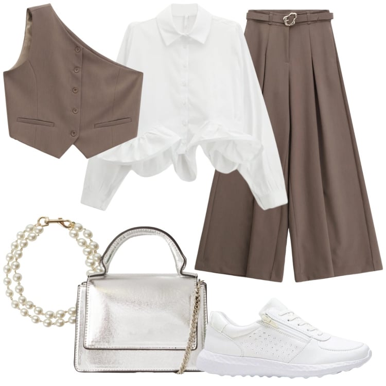 Outfit donna - Comoda ed elegante. Stile Trendy per Cerimonia. Abbinamento con sneakers, borse a tracolla, gilet, pantaloni, camicie, braccialetti.