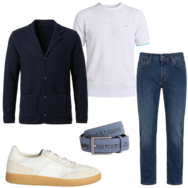 Outfit uomo - Sneakers chiare. Stile Urban per Ufficio. Abbinamento con jeans, cinture, sneakers, t-shirt, cardigans.