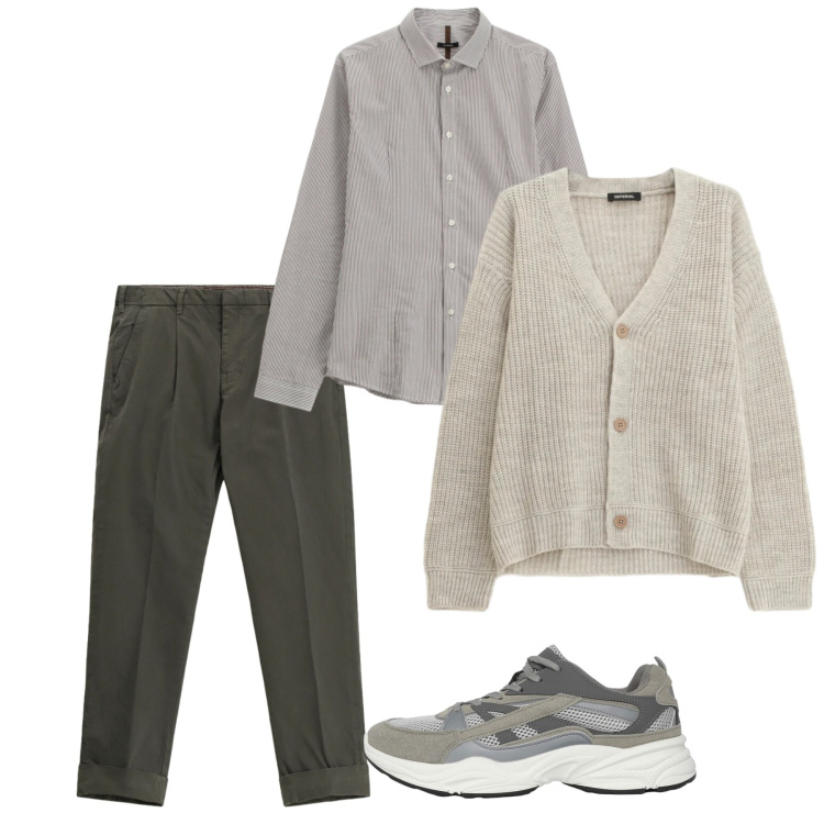 Outfit uomo - Fine settimana. Stile Casual per Tutti i giorni. Abbinamento con sneakers, pantaloni chino, camicie, cardigans.