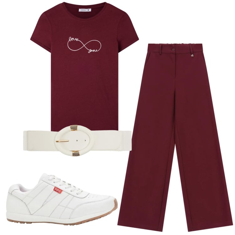 Outfit donna - Total look #2356290. Stile Basic per Tutti i giorni. Abbinamento con sneakers, t-shirt, cinture, pantaloni a palazzo.
