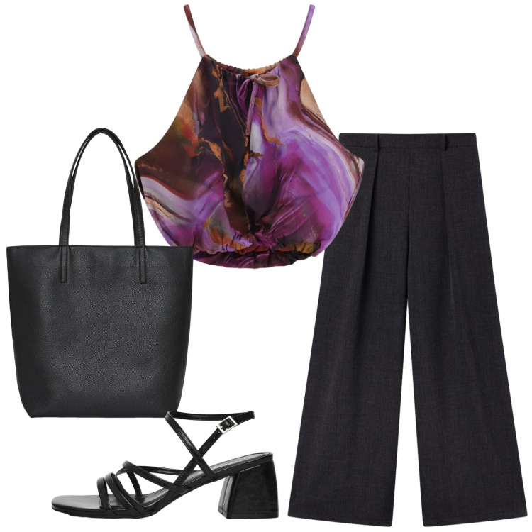 Outfit donna - Total look #2356295. Stile Glamour per Tutti i giorni. Abbinamento con pantaloni, borse tote, sandali col tacco, top.