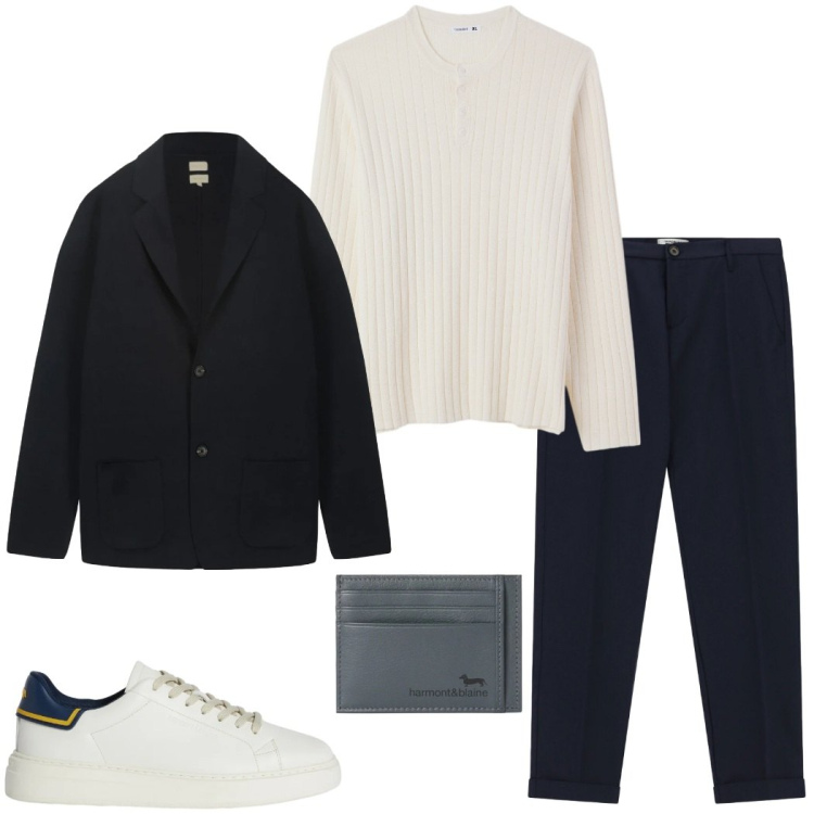 Outfit uomo - Sneakers chiare. Stile Urban per Tutti i giorni. Abbinamento con sneakers, portafogli, pantaloni, maglieria, cardigans.